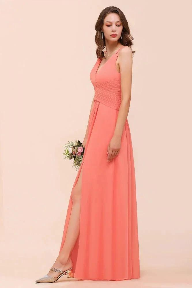 Coral Beach Bridesmaid Dress Front Split Wedding Party Dress (ZD12979)