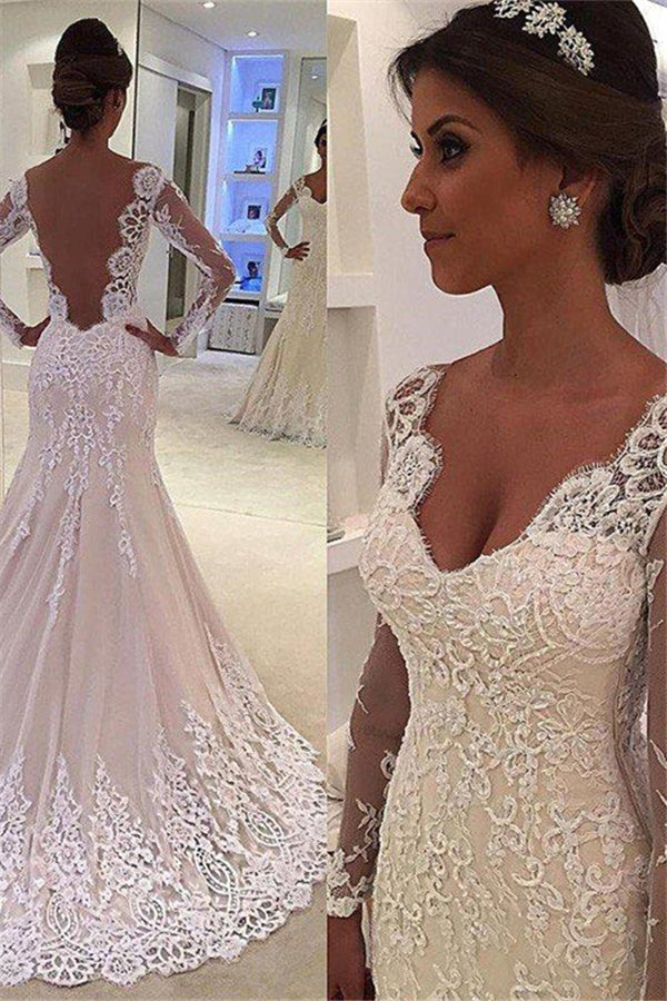 Court Train Mermaid V-Neck Lace Long Sleevess Wedding Dresses