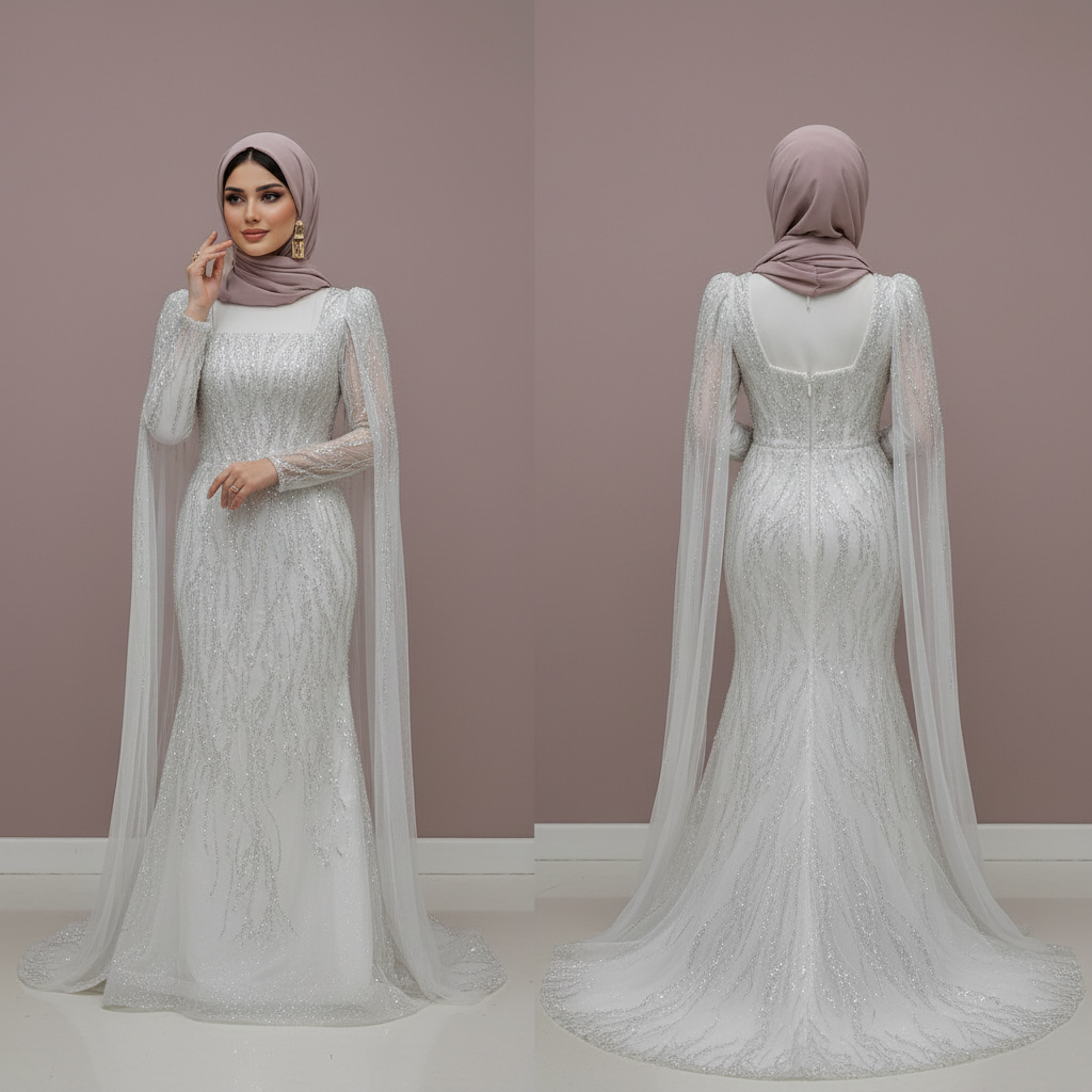 Luxury Dubai Style Muslim Bridal Dress with Appliques Flowers and Hijab