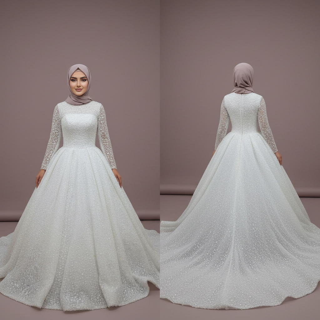 Custom Made Muslim Wedding Dress for Women with Floral Appliques and Long Sleeves