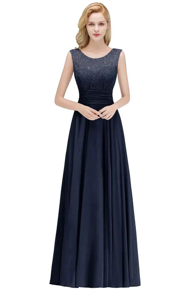 Crew Neck Lace Top Sleeveless Chiffon Bridesmaid Dress Aline Formal Dress by misshow.com