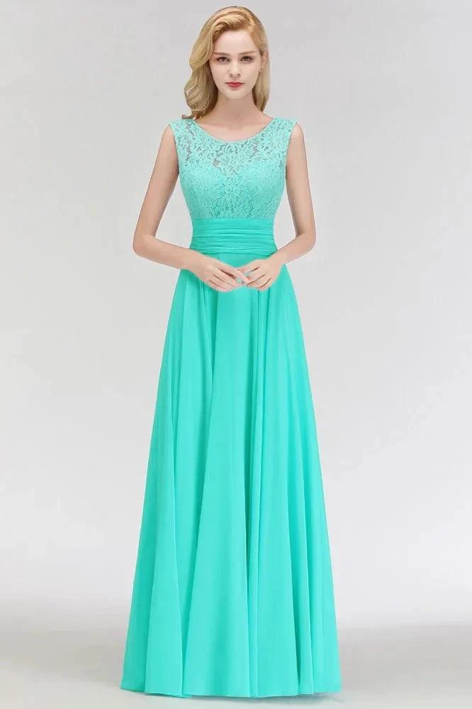 Crew Neck Lace Top Sleeveless Chiffon Bridesmaid Dress Aline Formal Dress (ZD13044)