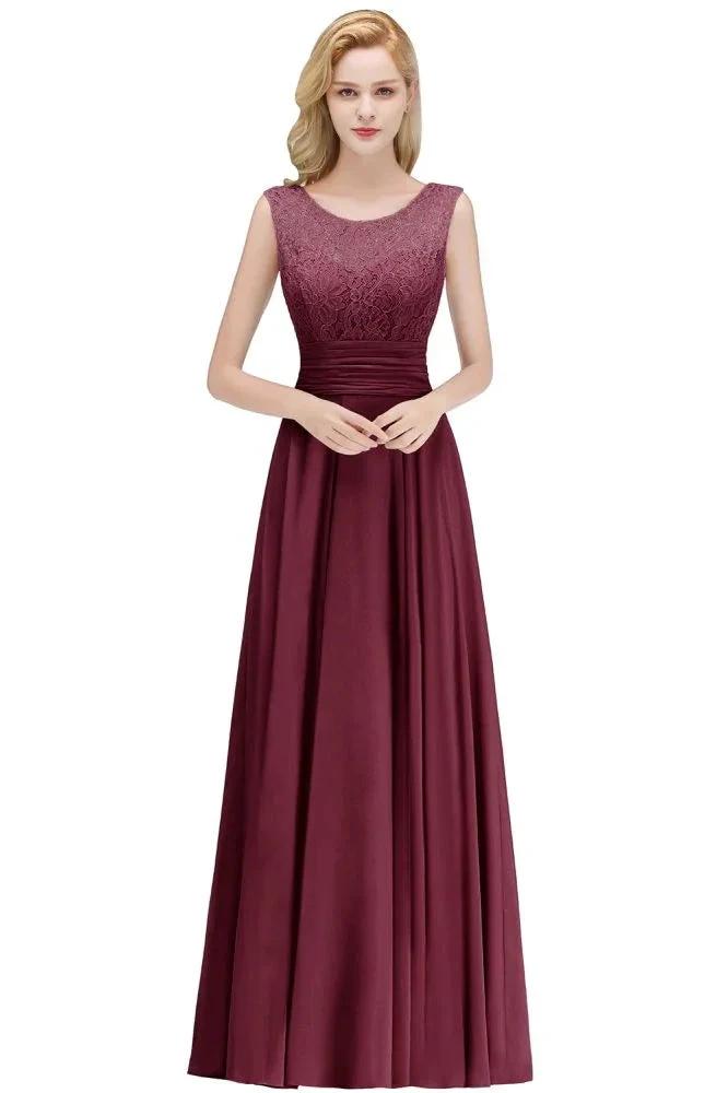 Crew Neck Lace Top Sleeveless Chiffon Bridesmaid Dress Aline Formal Dress by misshow.com