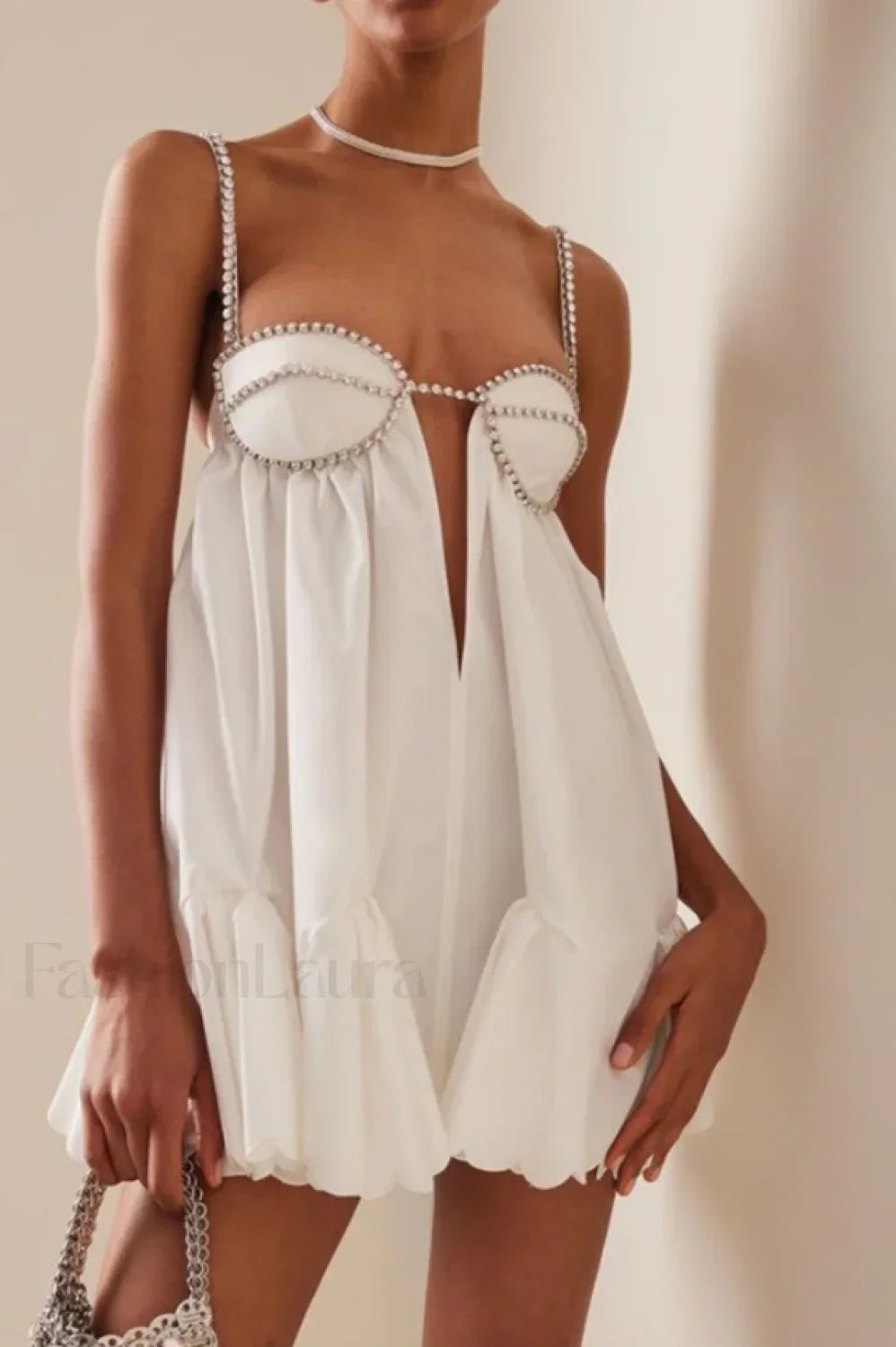 Crystal Trimmed Stylish Scallop Mini Dress