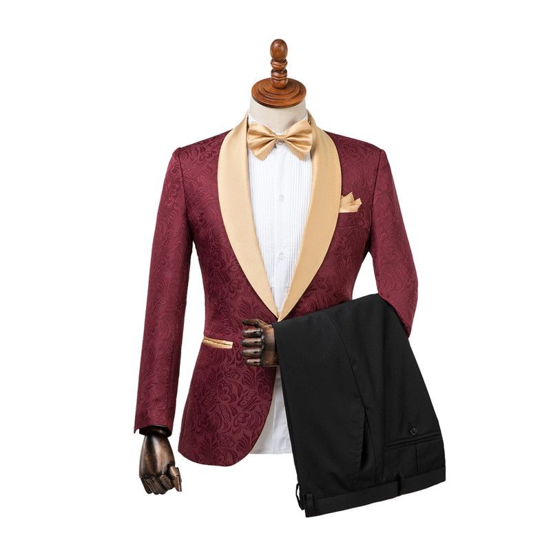 Custom design Burgundy Slim-Fit Jacquard Wedding Suit for Men