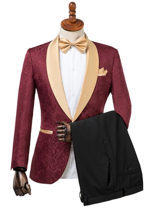 Custom design Burgundy Slim-Fit Jacquard Wedding Suit for Men