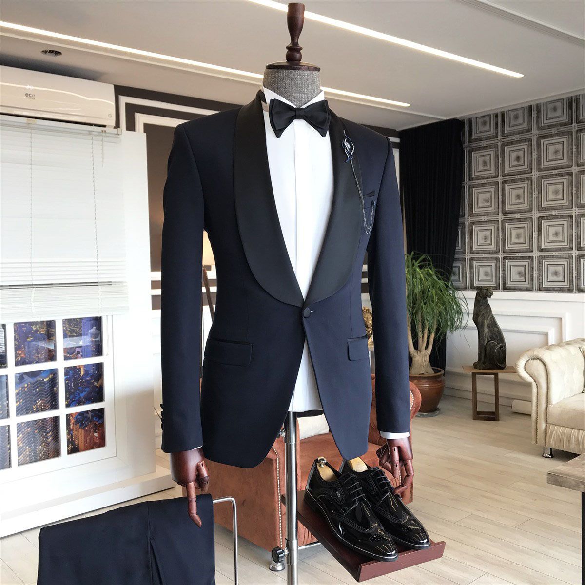 Custom design Shawl lapel 3-pieces Navy Blue Slim-Fit One Button Wedding Men Suits