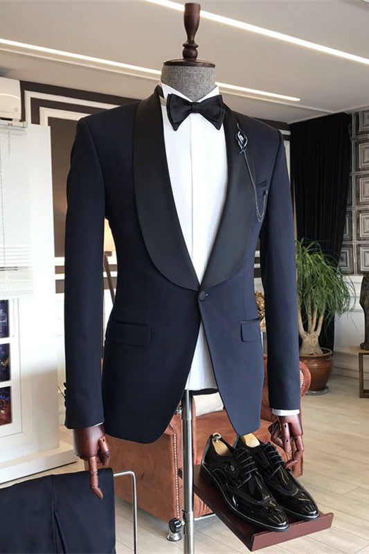 Custom design Shawl lapel 3-pieces Navy Blue Slim-Fit One Button Wedding Men Suits