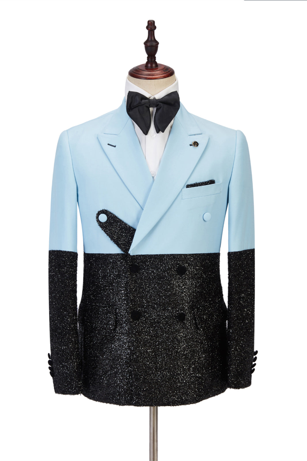 Custom design Sky Blue Stitching Sparkle Black Peak Lapel Two-piece Men Suit Online