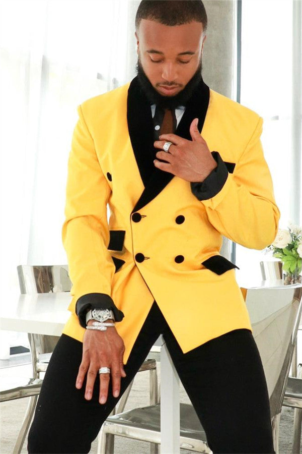 Custom design Yellow Double Breasted Slim-Fit Mens Suits with Black Shawl