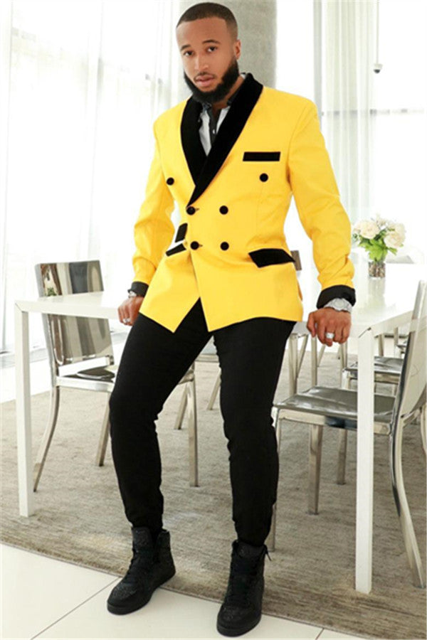 Custom design Yellow Double Breasted Slim-Fit Mens Suits with Black Shawl
