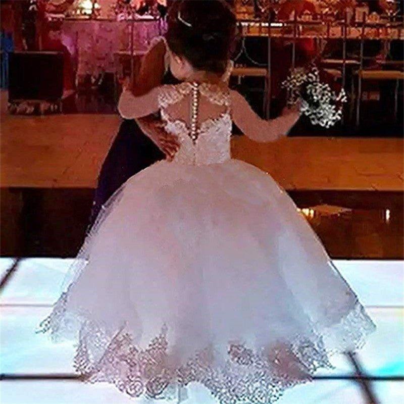 Cute Ball Gown Long Sleeves Tulle Flower Girl Dress with Lace Appliques - View 2 | VelvetHem