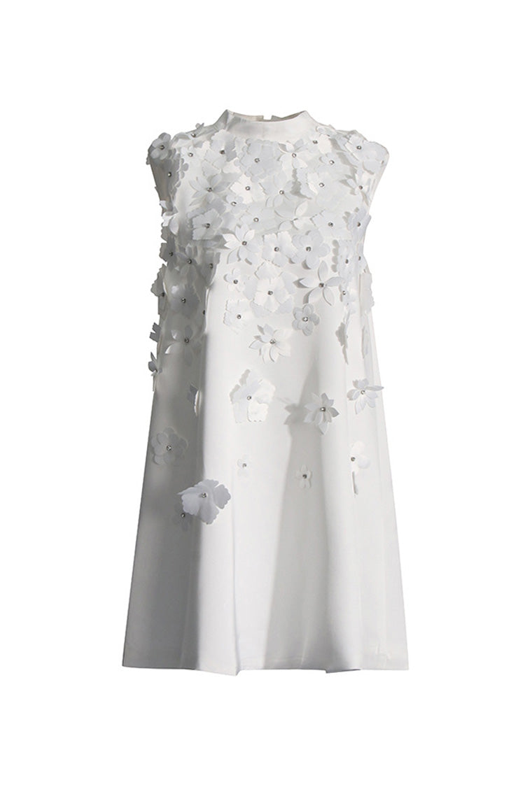 Cute Flower Applique Mock Neck Sleeveless A Line Bow Trim Party Mini Dress - Fashionpara