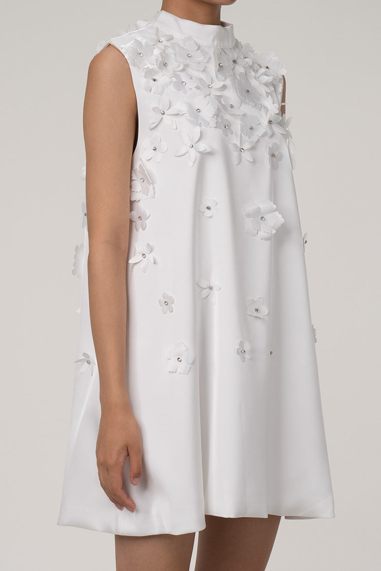 Cute Flower Applique Mock Neck Sleeveless A Line Bow Trim Party Mini Dress - Fashionpara