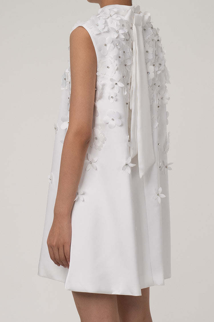 Cute Flower Applique Mock Neck Sleeveless A Line Bow Trim Party Mini Dress - Fashionpara