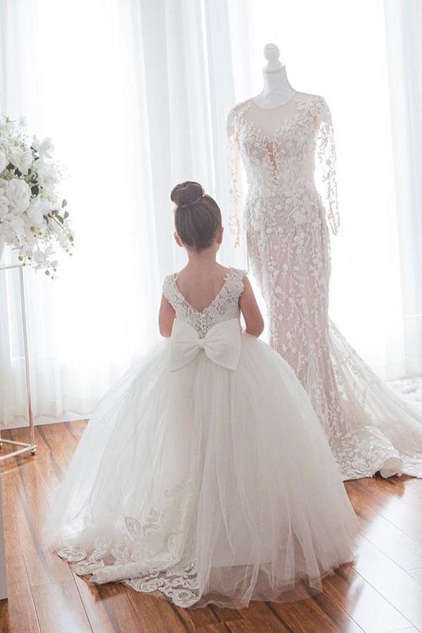 Cute Ivory Long Ball Gown Tulle Sleeveless Flower Girl Dresses - View 3 | VelvetHem