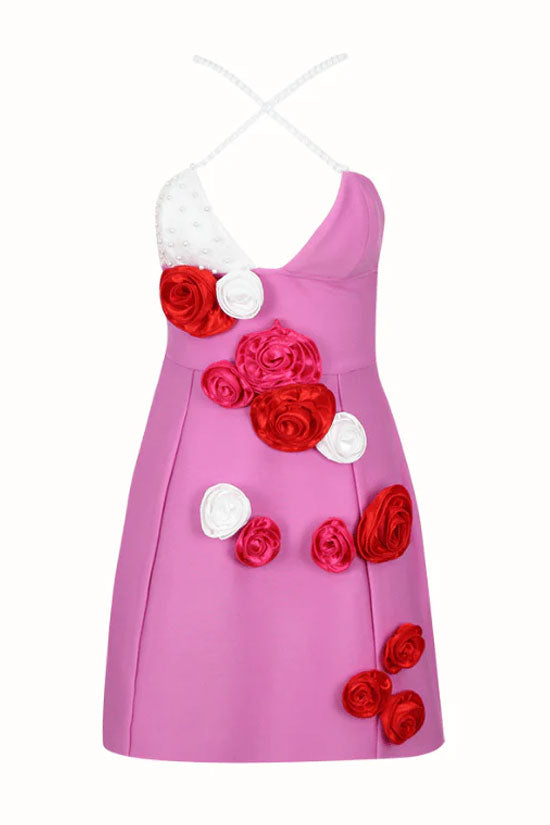 Cute Rosette Applique A Line Bandage Sleeveless Party Mini Dress - Hot Pink - Fashionpara