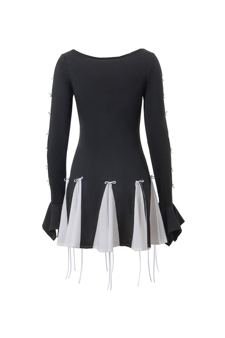 Cute Scoop Neck Bow Trim Cutout Sleeve Chiffon Ruffle Party Mini Dress - Fashionpara