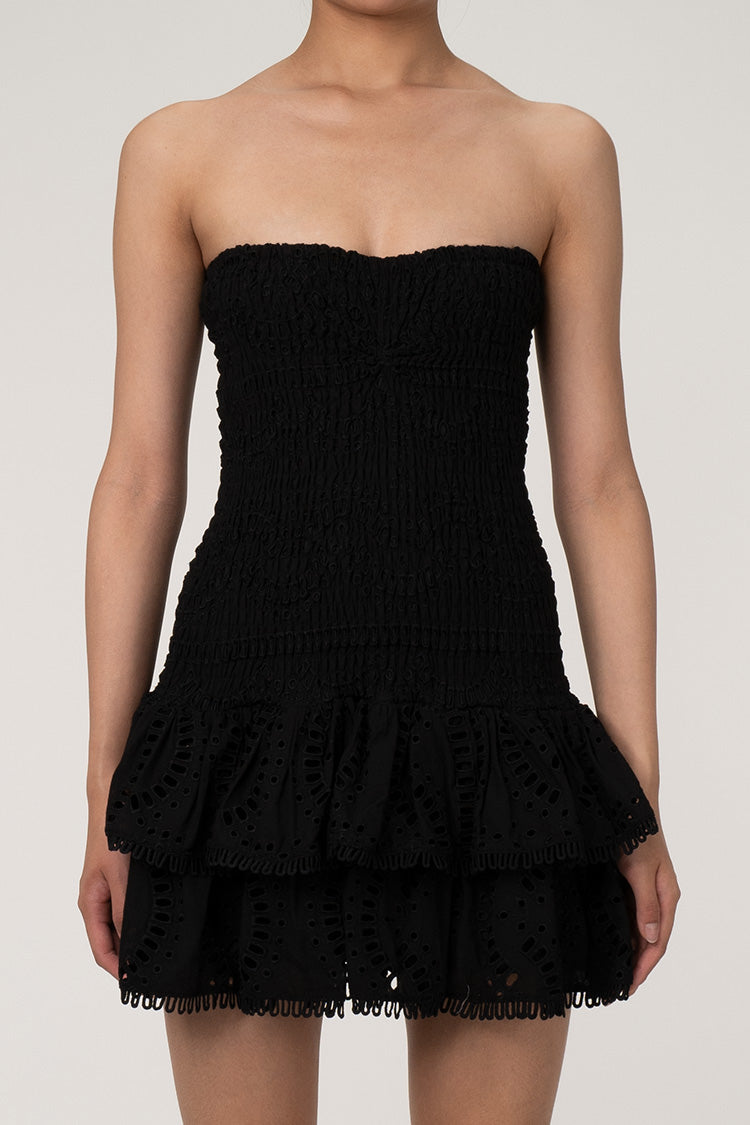 Cute Strapless Smocked Broderie Anglaise Ruffle Tiered Party Mini Dress - Fashionpara