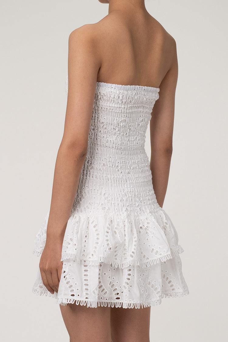 Cute Strapless Smocked Broderie Anglaise Ruffle Tiered Party Mini Dress - Fashionpara