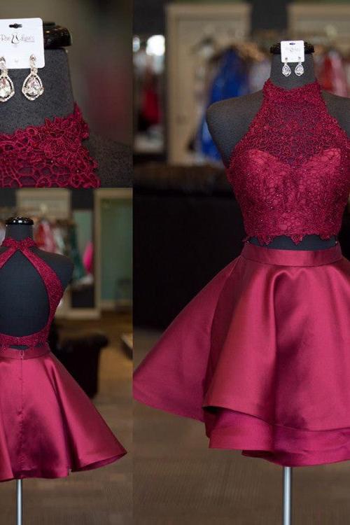 Cute Two-Piece Homecoming Dresses Blue Halter Neck Hoco Dresses