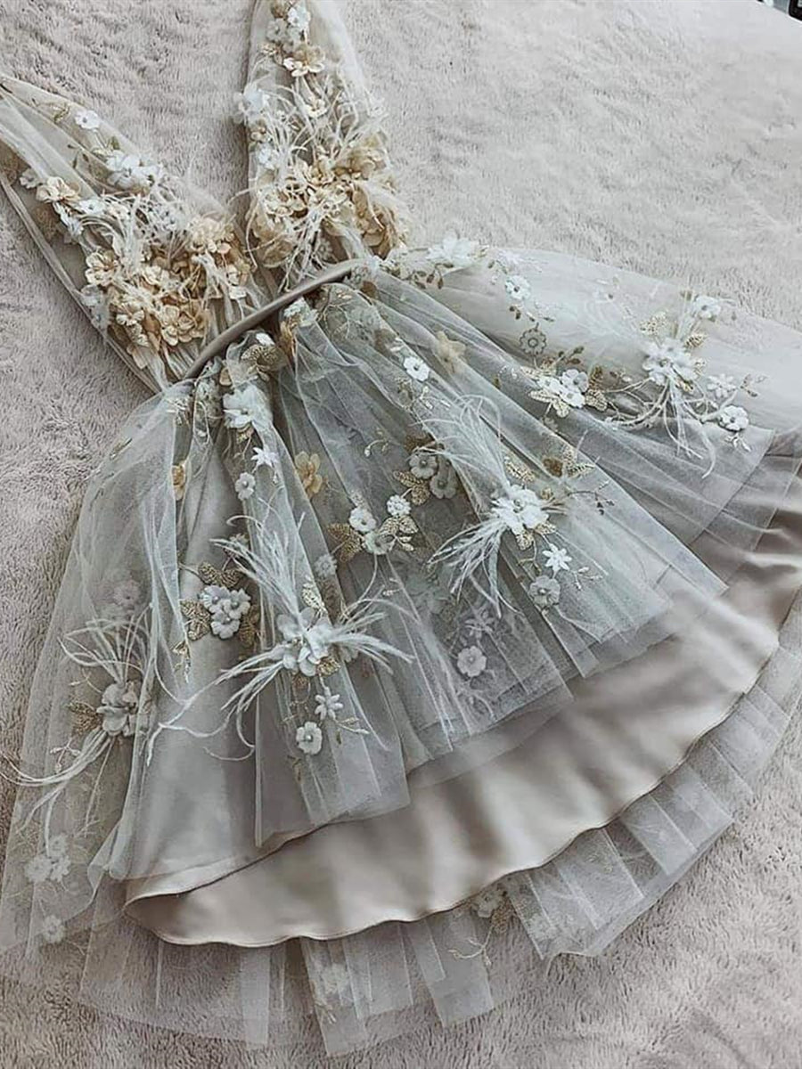 Cute V-Neck Floral Short Gray Lace Short Lace Formal Graduation Homecoming Dress