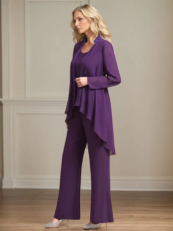 Chiffon Scoop Neck Long Sleeves Floor Length Mother Of The Bride Pantsuits