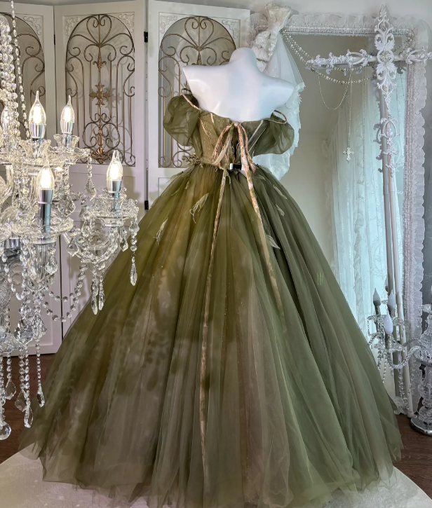 Off-the-Shoulder A-Line Green Tulle Prom Party Dress Evening Dress Birthday Dress - View 2 | FashionDia