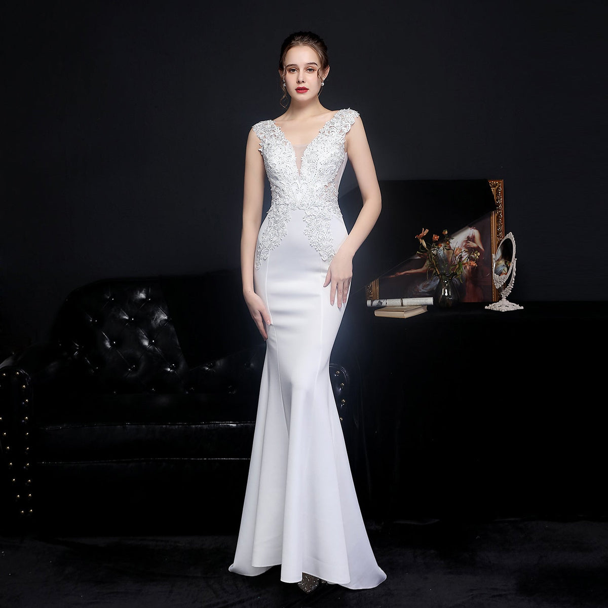 Full Lace European Diamond Toast Bride Fishtail Evening Dress - View 4 | VelvetHem