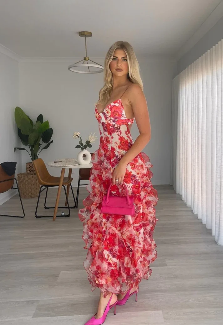 Sexy Red Floral Printed Backless Ruffle Long Party Dress Prom Evening Dress