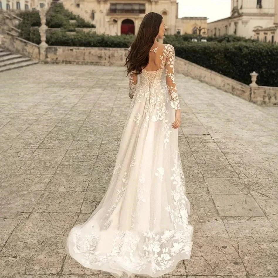 Elegant Round Neck Wedding Dresses 2023 Lace Long Sleeve Decal A-line Fashion Women's Bridal Dress Robe Back Strap Design De (ZD14192)