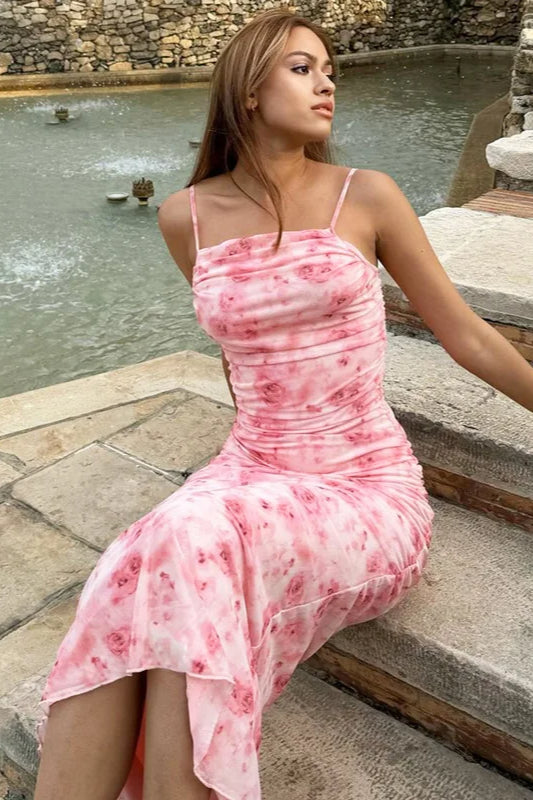 Ruched Spaghetti Strap Floral Dress - View 3 | FashionDia