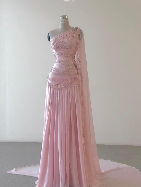 Vintage One Shoulder Pink Beaded A Line Chiffon Evening Dress Elegant Prom Dress