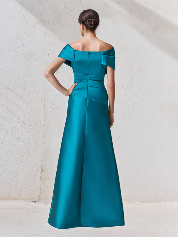 A-Line Off-the-Shoulder Floor-Length Satin Mother Of The Bride Dress - View 3 | FashionDia