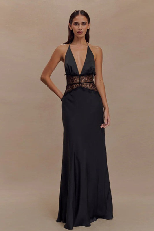 Deep V High-Waist Halter Backless Midi Silk Dress - VelvetHem
