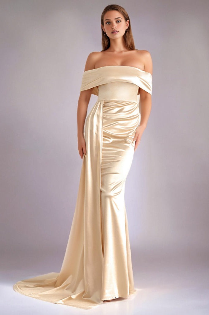 Solid Satin Off-Shoulder High-Waist Mermaid Silk Dress - VelvetHem