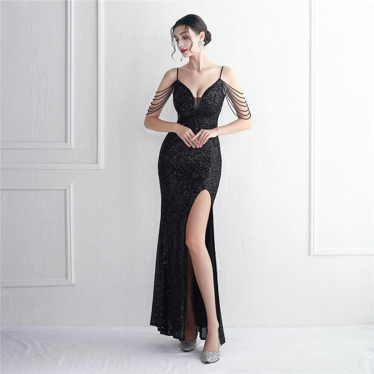 Sequin Beading Sling Party Sequined Dress Long Banquet Slim Fit Evening Dress Elegant - View 11 | VelvetHem