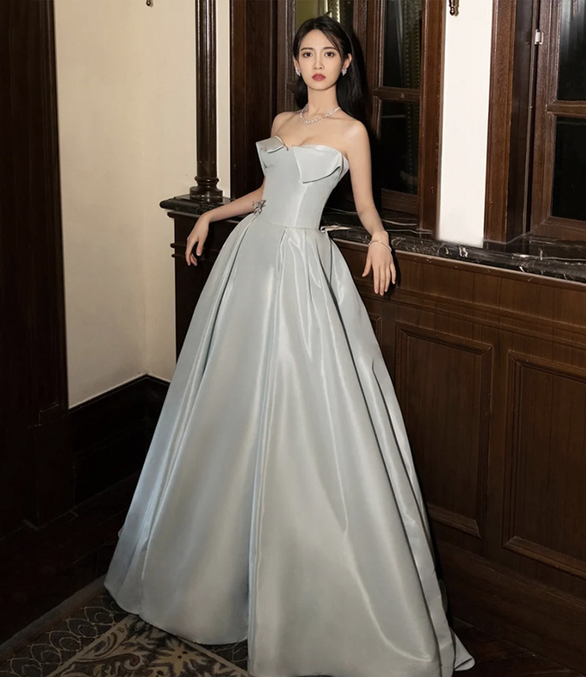Blue Satin Long Prom Dress Elegant Evening Dress - FashionDia