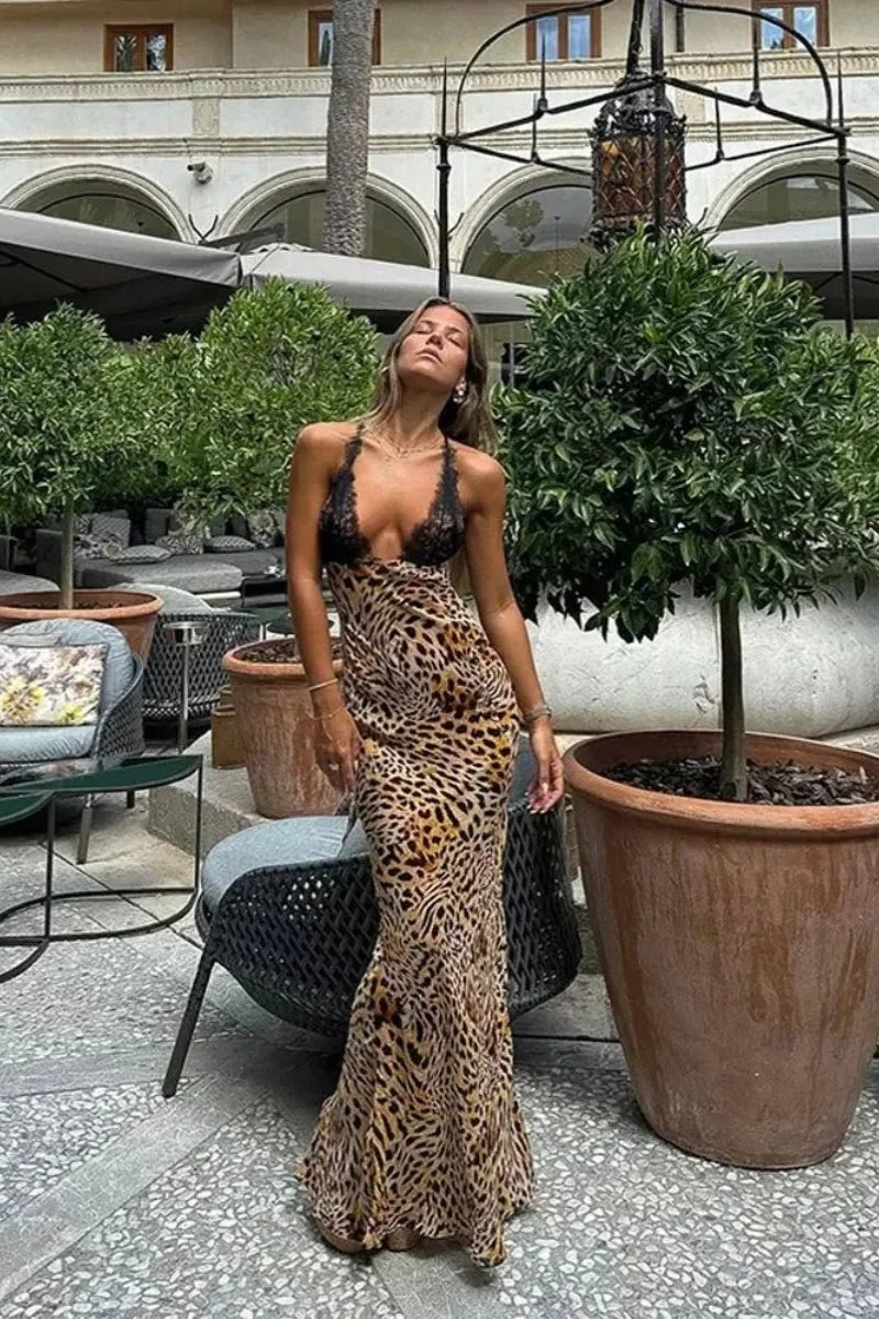 Leopard Print Lace Trimmed Maxi Dress - FashionDia
