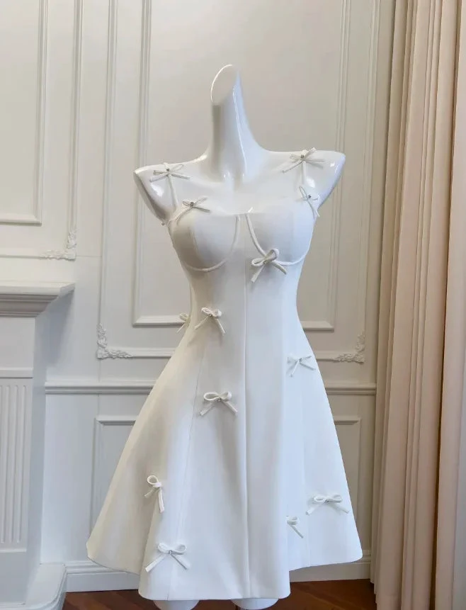 Cute White A Line Satin Homecoming Dress Mini Party Dress With Bow Y8579 by simplepromdress
