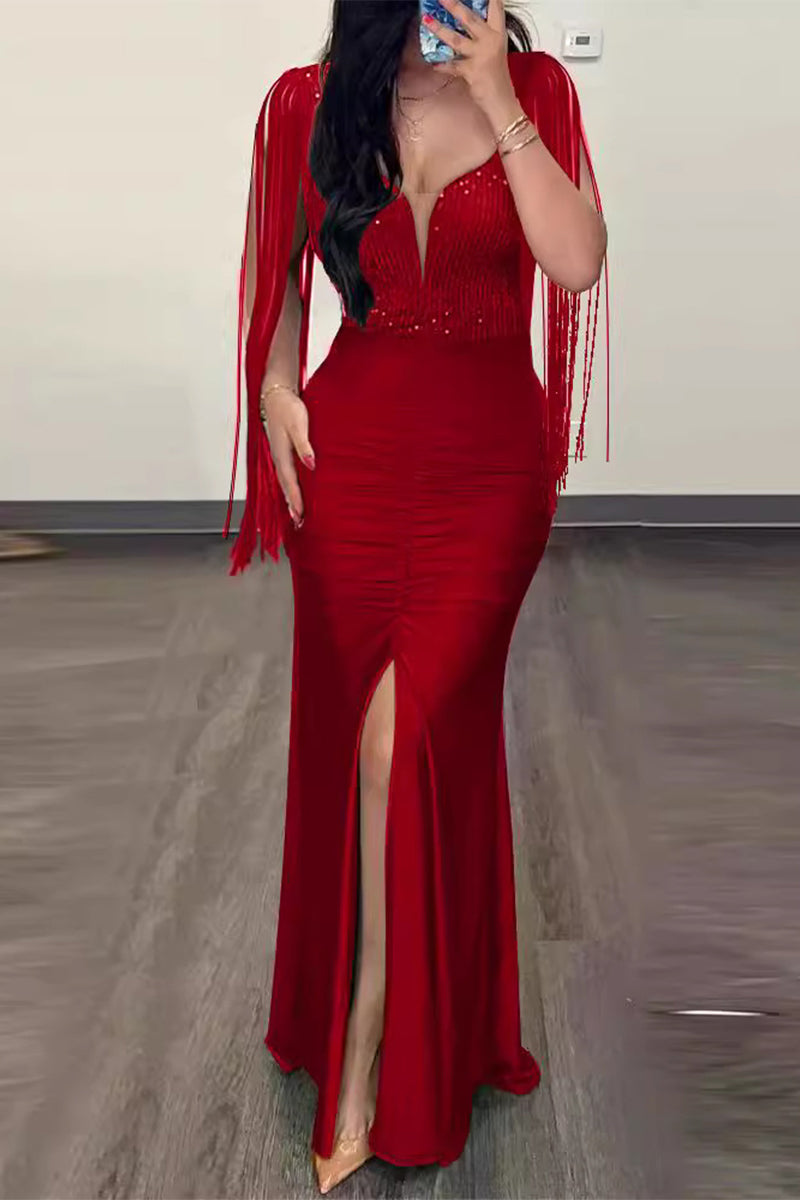Sexy Formal Solid Tassel Sequins Slit V Neck Evening Dresses - VelvetHem