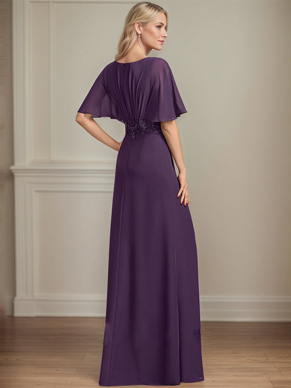 A-Line V-Neck Floor-Length Chiffon Mother of the Bride Dress With Appliques Pleated - View 4 | FashionDia