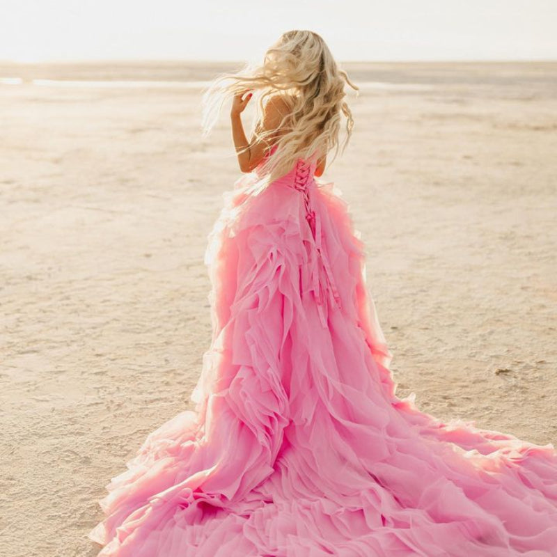 Elegant Pink Petal Ruffle Prom Party Dresses Long Strapless Bridal Photography Dress Beach Boho Maternity Photo Shoot Gowns - View 5 | VelvetHem