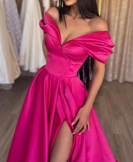 Stylish A-Line Off the Shoulder Satin Long Prom Dress Hot Pink Pleats Evening Dress With Slit Y7644 - View 2 | VelvetHem