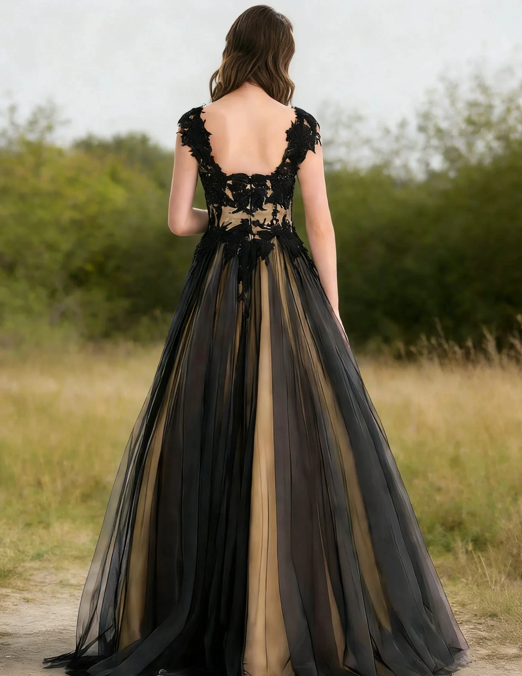 Enchanting Black Lace and Tulle Formal Evening Gown (ZD16776)