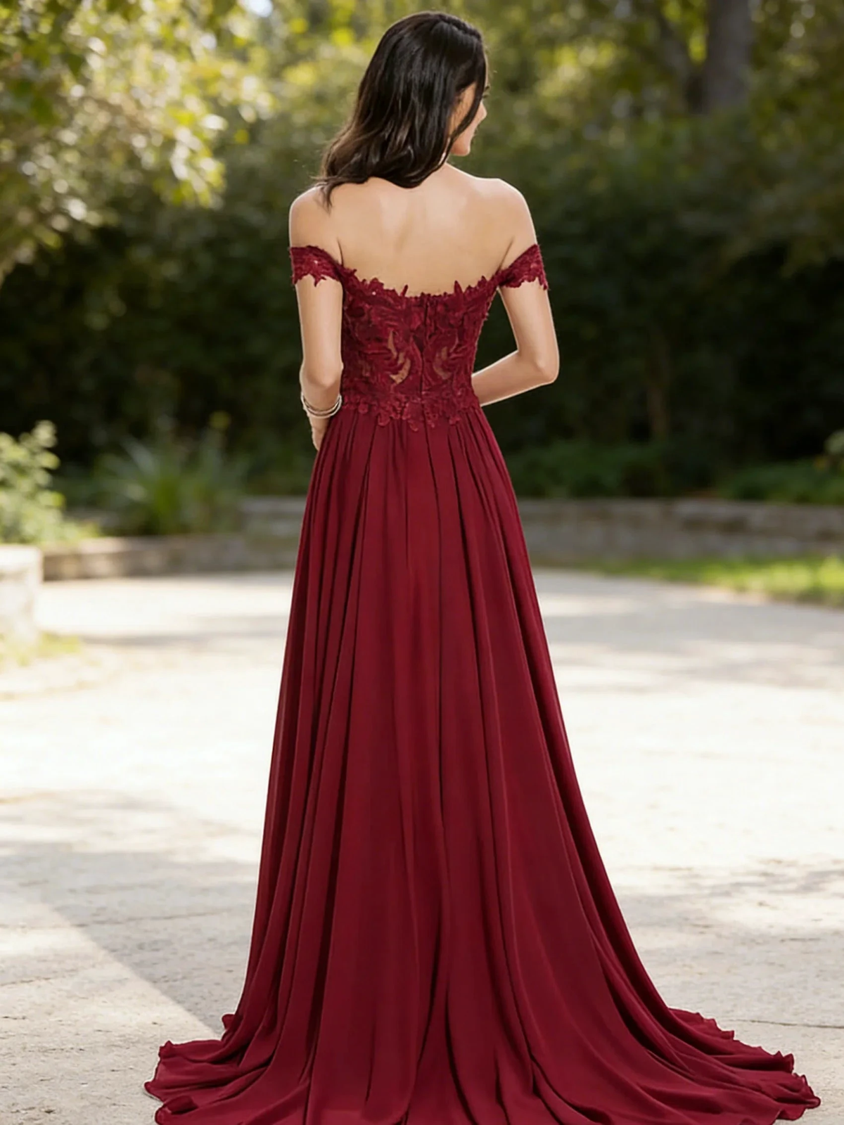 Burgundy Off-the-Shoulder Lace Evening Gown with Train (ZD16782)