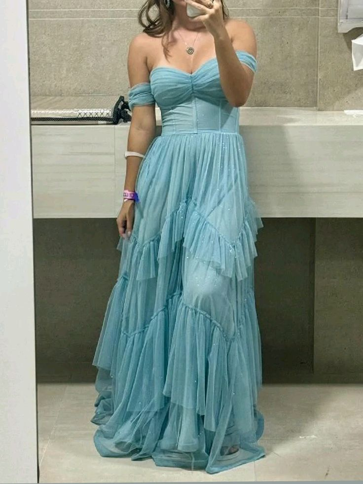 Elegant Off The Shoulder Long A Line Party Dress Shiny Layered Tulle Prom Evening Dress