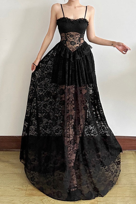 Sleeveless Ruffled Waist Maxi Lace Dress - View 4 | VelvetHem
