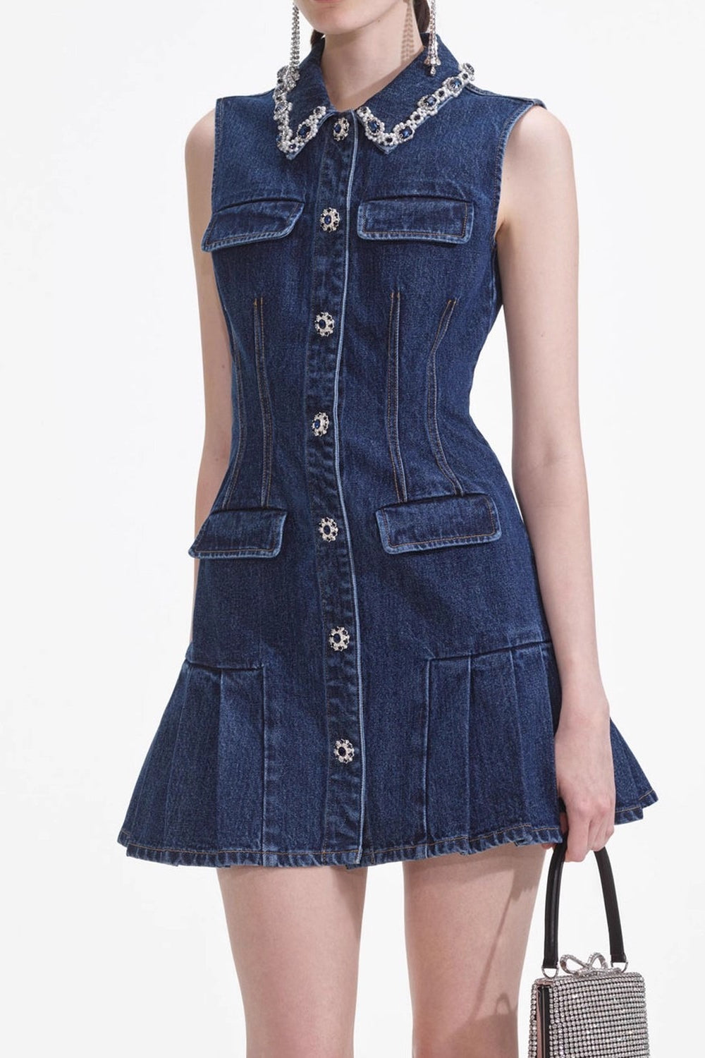 Blue Rhinestone Mini Denim Dress - View 2 | VelvetHem