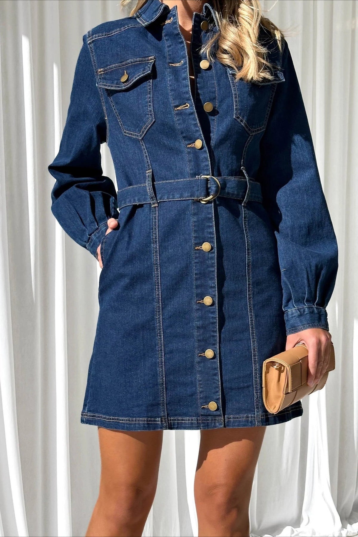Button-Down Tie Waist Denim Dress - View 9 | VelvetHem